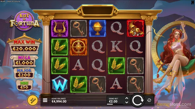 A 5x4 slot game grid titled Rise of Fortuna shows various symbols including a lyre, key, chalice, and wheat, with a goddess figure on the right and jackpot values on the left.