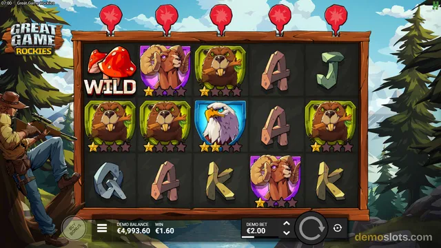A slot game grid with a red mushroom wild symbol, animal symbols, and wooden letter symbols, with a hunter character on the left and a river landscape background.