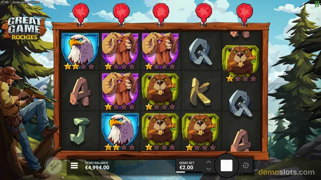A 5x3 slot game grid with animal symbols including eagles, bighorn sheep, and beavers, set against a mountain forest background with a cowboy character on the left.