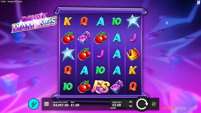 A 5x3 slot grid titled Dandy Diamonds is fully rendered with symbols on a purple background.