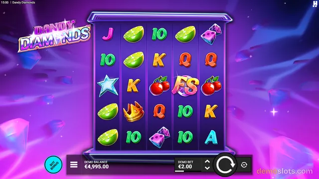 A 5x3 slot game grid titled Dandy Diamonds is displayed against a purple background with floating gems, showing various symbols and a spin button.