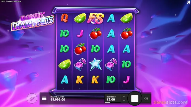 A 5x4 slot game grid titled Dandy Diamonds showing various symbols including a star, cherries, and dice against a purple background.