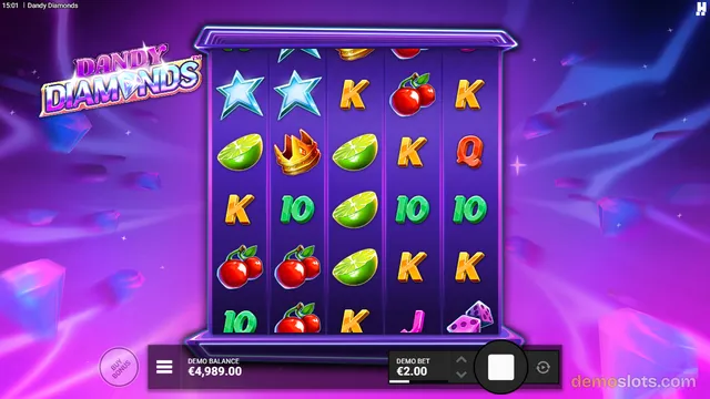 A vibrant purple-themed slot game titled Dandy Diamonds shows a 5x4 reel grid with symbols like stars, cherries, limes, crowns, and letters.