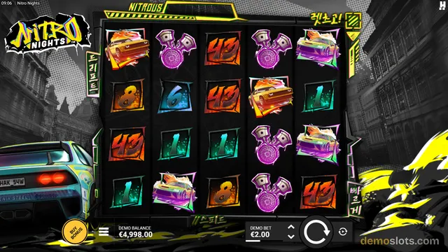A 5x4 reel grid of neon-colored slot symbols with a stylized car and urban night theme, with a game title logo and betting controls visible.