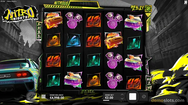 A 5x4 slot grid titled Nitro Nights displays symbols including cars, turbochargers, and neon numbers, with a demo balance of £4,998.00 and a demo bet of £2.00.