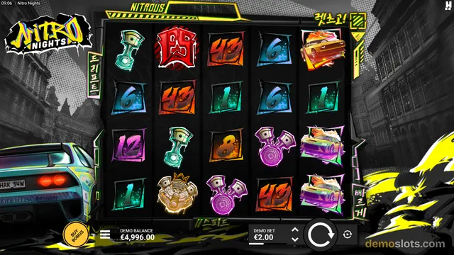 A 5x4 slot grid titled Nitro Nights shows stylized neon symbols on a dark background with a sports car in the foreground.