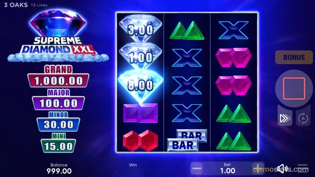 A 3x5 slot game grid shows diamond symbols with values 3.00, 1.00, and 8.00, alongside green triangles, blue X symbols, pink hexagons, red hexagons, and a BAR symbol.