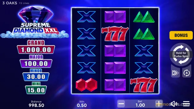 A 3x5 slot game titled Supreme Diamond XXL displays symbols including Xs, purple squares, green triangles, red sevens, and red octagons on a dark blue background.