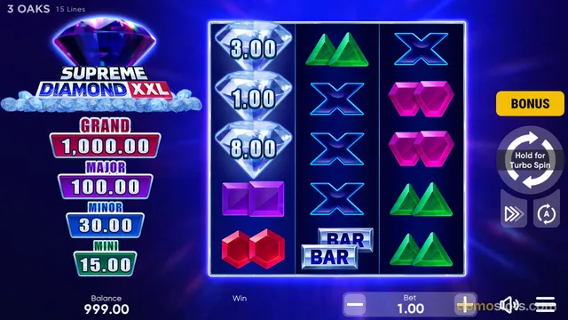 A 3x5 slot game grid with diamond, gem, and bar symbols is displayed, with jackpot values listed on the left side.