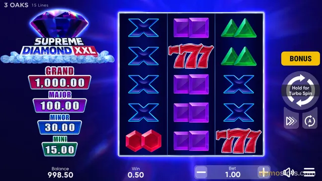 A 3x5 slot grid titled Supreme Diamond XXL shows a winning payline of blue X symbols, with purple squares, green triangles, and red 777 symbols in other columns.