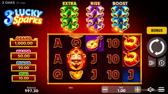 A settled 5x3 reel grid shows a winning combination featuring a smiling god of wealth symbol, with the game title 3 Lucky Sparks and three stacked firecracker columns above the reels.