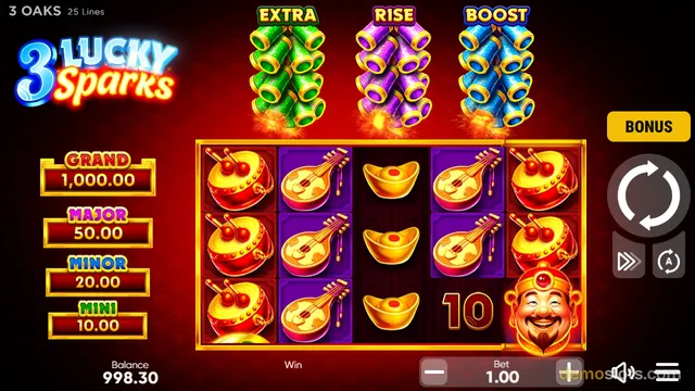 A 5x3 slot game grid with Chinese-themed symbols, showing a win of 10 on the bottom row, with three stacked firecracker features above the reels.