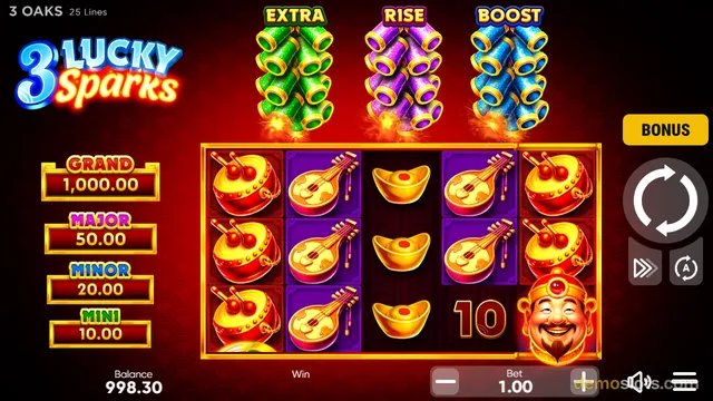 A 5x3 slot grid with Chinese-themed symbols, three stacked firecracker columns above labeled EXTRA, RISE, and BOOST, and jackpot prize panels on the left.