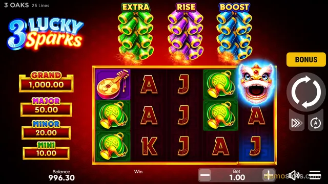A settled 5x3 slot grid titled 3 Lucky Sparks shows a mix of symbols including a pipa, a green coin, and a lion dance mask, with jackpot values on the left and three firecracker stacks above the reels.