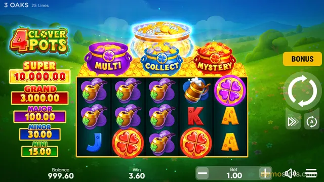 A fully rendered base game screen of a slot titled 4 Clover Pots, showing a 5x3 reel grid with symbols like clover pots, beer mugs, clovers, and card letters, plus a bonus area above with three labeled pots and a glass jar.