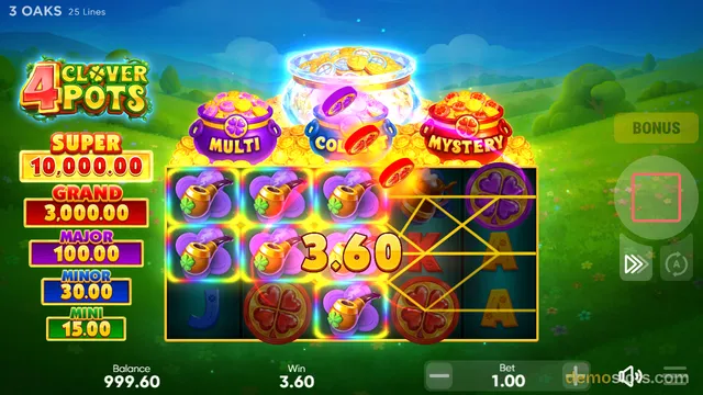 A 5-reel slot game titled 4 Clover Pots shows a winning combination with a 3.60 win, featuring pots of gold and clover symbols.