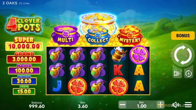 A 5-reel slot game titled 4 Clover Pots shows a winning combination of purple pots, a beer mug, and a four-leaf clover symbol on the reels, with jackpot values listed on the left and a bonus button on the right.