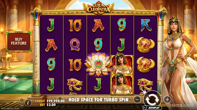 A 5x5 slot grid titled Luxor Cleopatra shows a purple reel area with Egyptian-themed symbols and a Cleopatra character standing to the right.