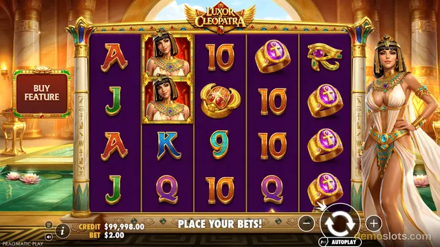A settled 5x4 slot grid titled Luxor Cleopatra displays Egyptian-themed symbols including Cleopatra, rings, scarabs, and royal card letters, with a Buy Feature button on the left.