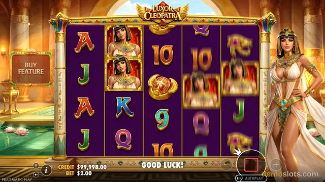 A 5-reel, 3-row slot game titled Luxor Cleopatra displays Egyptian-themed symbols on a purple grid, with a large Cleopatra figure standing to the right of the reels.