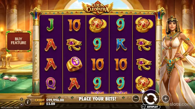 A 5x4 slot game grid titled Luxor Cleopatra shows Egyptian-themed symbols on a purple background with a Cleopatra character on the right.