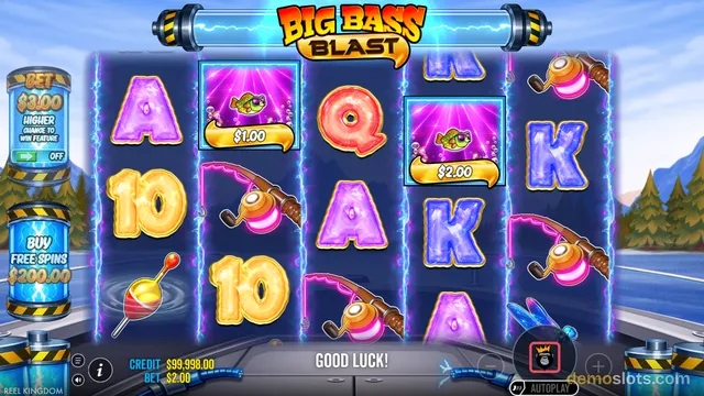 A slot machine screen displaying a 5x3 grid of fishing-themed symbols with a blue and purple electric visual style.