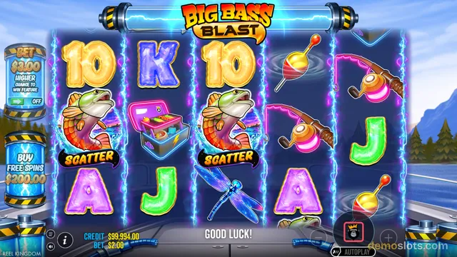 A screenshot of the Big Bass Blast slot machine showing a 5-reel grid with fishing-themed symbols and electric blue energy effects.