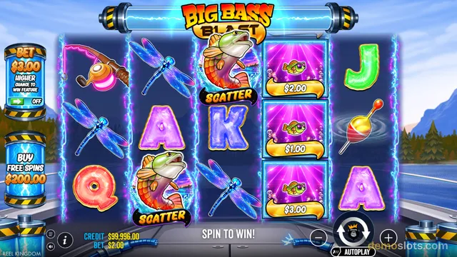 A slot machine game grid displaying fishing-themed symbols including bass, dragonflies, and a fishing rod against a lake background.
