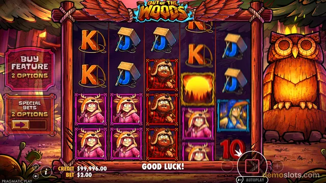 A slot game titled Out of the Woods shows a 5x3 reel grid with cartoon forest characters and symbols, plus side panels for Buy Feature and Special Bets.
