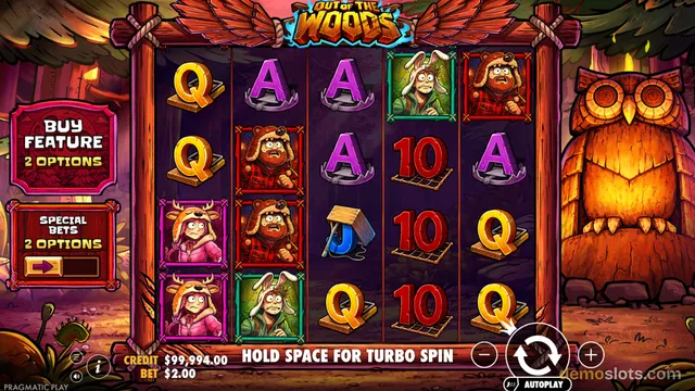A 5x4 slot grid titled OUT OF THE WOODS displays cartoon forest characters and letter symbols, with a large owl statue on the right and side panels for Buy Feature and Special Bets.