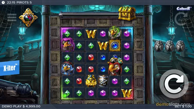 A pirate-themed slot game grid with gem symbols, character symbols, and bonus symbols on a 6-reel layout.