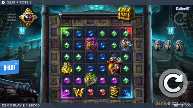 A pirate-themed slot game grid with gem symbols and character symbols, showing a base game state with a spin button.