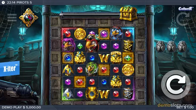 A pirate-themed slot game grid filled with colorful symbols like parrots, gems, and bonus icons, with a round spin button on the right.