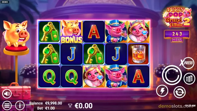 A 3x5 slot game grid titled Piggy Pop Grand Affair 2 is fully rendered, showing pig characters, key cards, and letter symbols, with a pig mascot on the left and game controls on the right.