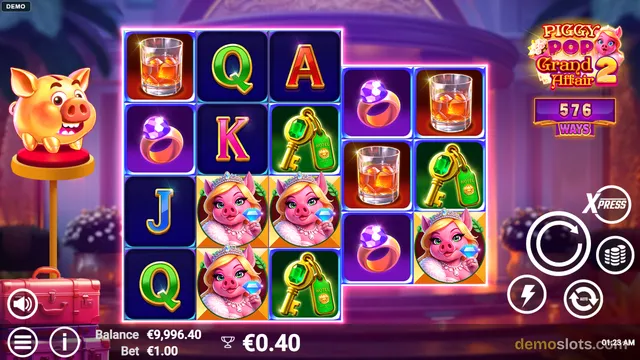A slot game grid shows a 4x5 layout with symbols like pig characters, rings, keys, glasses, and letters, with a pig character standing on a pedestal to the left and game controls on the right.