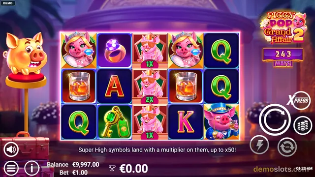 A 5x3 slot grid displays pig characters and classic symbols in a bright, fully rendered base game frame.