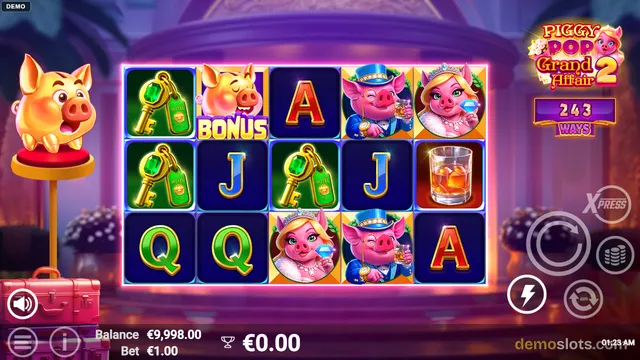 A 3x5 slot game grid titled Piggy Pop Grand Affair 2 shows pig characters and card symbols, with a large pig statue on the left and a 243 ways indicator on the right.