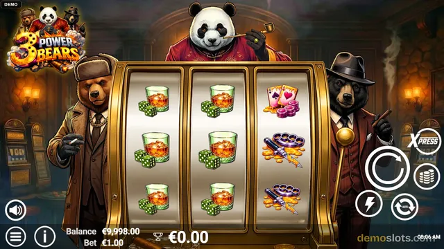 A 3x3 slot game titled 3 Power Bears shows a whiskey glass with dice in the center, playing cards and casino chips on the right, and a knife on the bottom right, with three bear characters in the background.