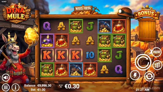 A 5x6 slot game grid with mining-themed symbols, a cartoon mule character on the left, and a wooden frame around the reels.