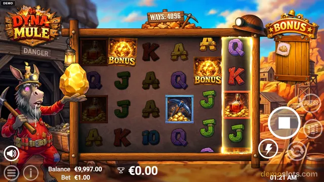 A slot game called Dyna Mule shows a 6-reel grid with a mule character on the left holding a large gold nugget, with a mining theme background.