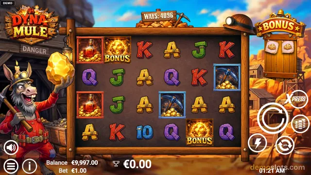 A slot game titled Dyna Mule shows a 4-row by 6-column grid of symbols on a wooden frame, with a cartoon mule character holding a gold nugget on the left side.