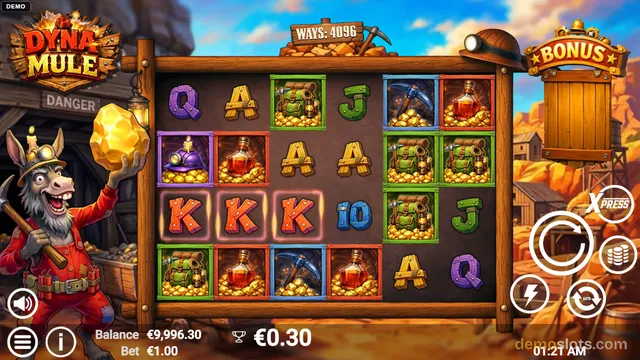 A 5x4 mining-themed slot game grid with a cartoon mule character holding a gold nugget on the left.