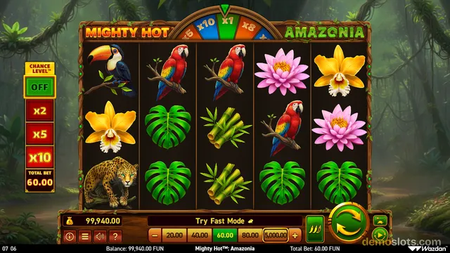 A fully rendered 5x3 slot machine grid showing various Amazonian-themed symbols including birds, flowers, and a jaguar, with a jungle background.