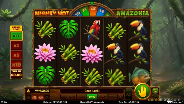 A brightly rendered 5x3 slot game grid featuring jungle-themed symbols including macaws, piranhas, and bamboo against a dark forest background.