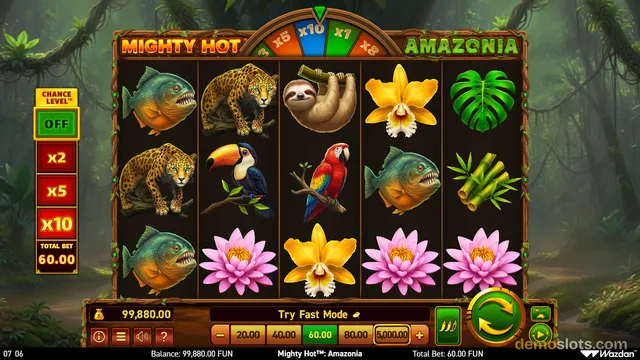 A 5x3 video slot game titled Mighty Hot: Amazonia showing a settled grid of jungle-themed symbols including fish, jaguars, and flowers.