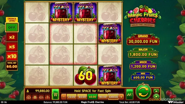 A 4x4 slot grid filled with faded cherry symbols and four mystery jar symbols, with a jackpot ladder on the right side.