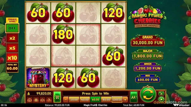 A 4x4 slot grid displays cherry symbols with cash values, a mystery jar symbol, and jackpot prize ladders on the right side.