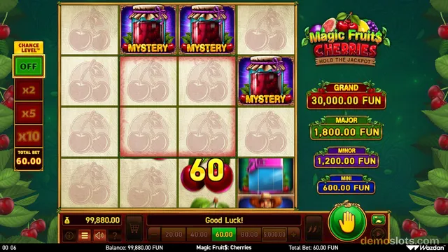 A 4x4 slot game grid shows three Mystery jar symbols, a 60 win symbol, and a blue and pink symbol, with a jackpot ladder on the right and a hand-shaped spin button below.