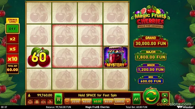 A 4x4 slot game grid shows mostly faded cherry symbols, one cherry symbol with a yellow 60 number overlay, and a mystery jar symbol.