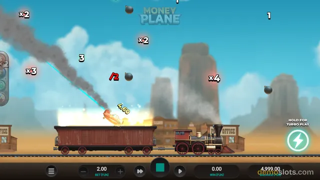 A western-themed slot game titled MONEY PLANE shows a steam train on a desert track with floating multipliers and falling bombs.